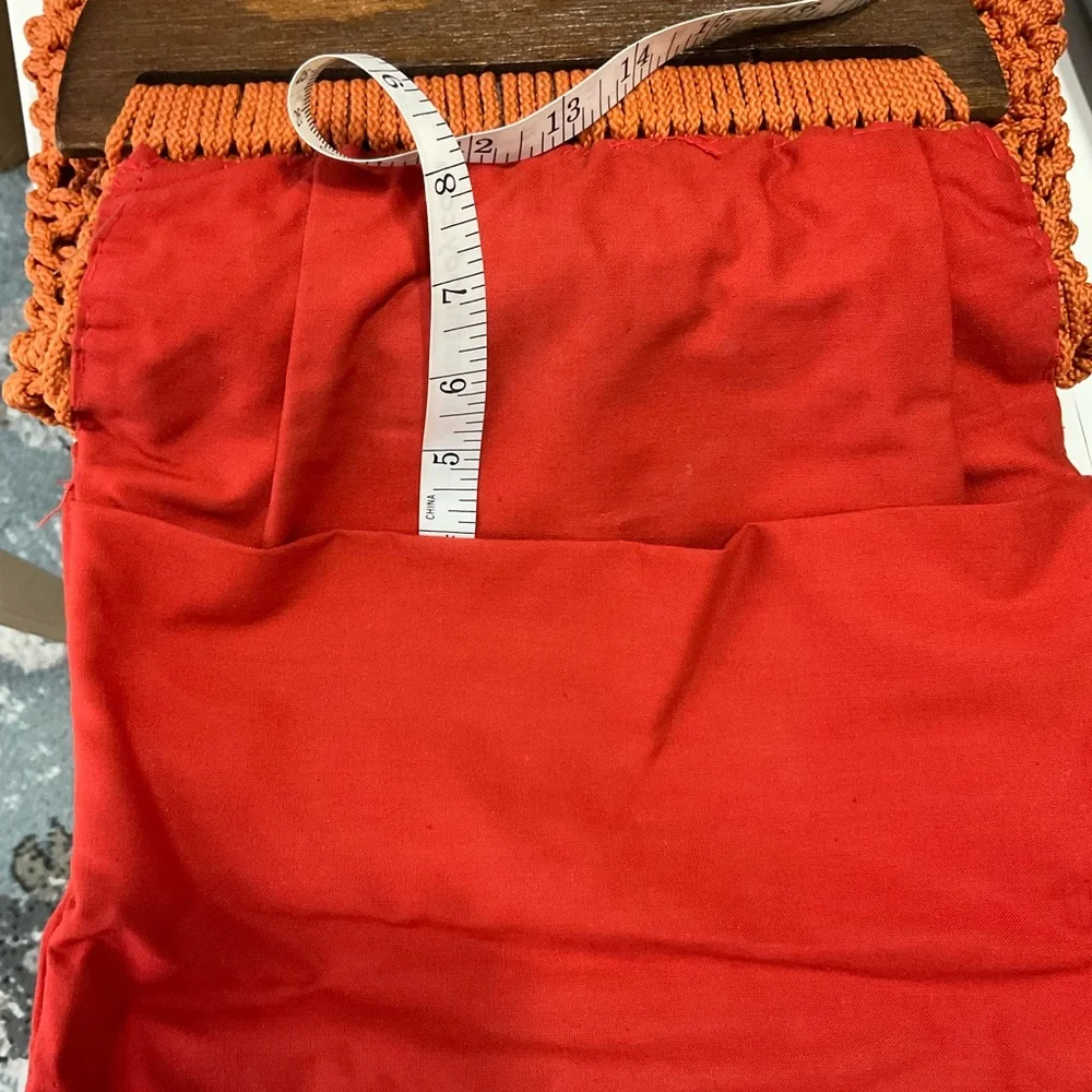Mid century modern‎ Orange Macramé Tote with Wooden Handle